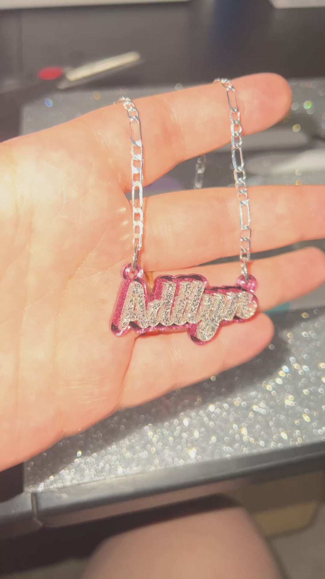 Sterling Silver chain and Glitter Small size nameplates CUSTOMIZE YOURS